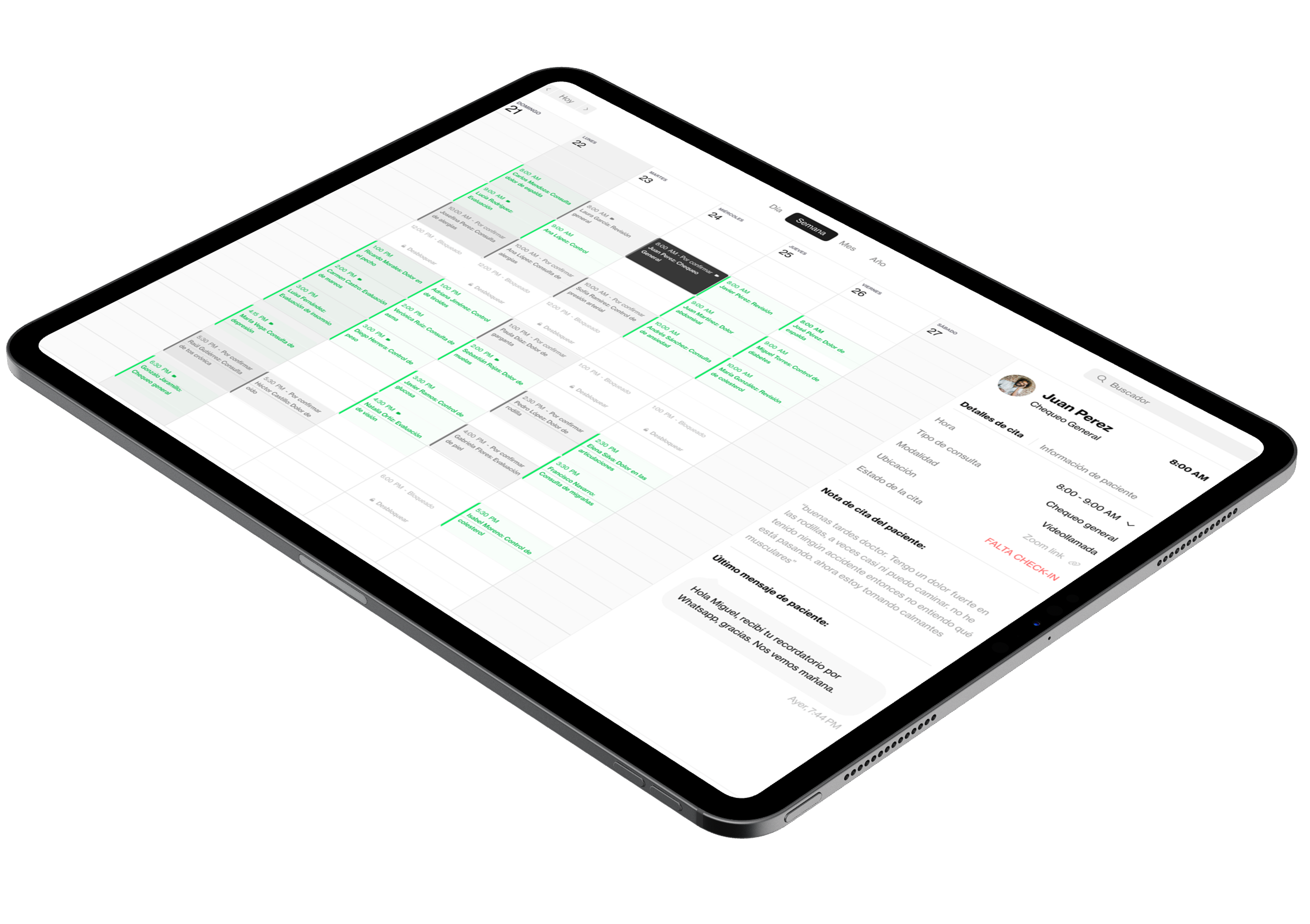 Med+ week-view calendar with appointment detail panel showing patient note and last WhatsApp message